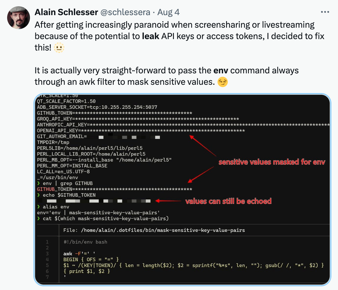 developers leak secrets in environment variables when streaming