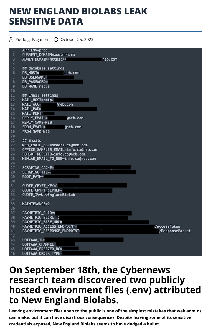 new england biolabs leak .env secrets