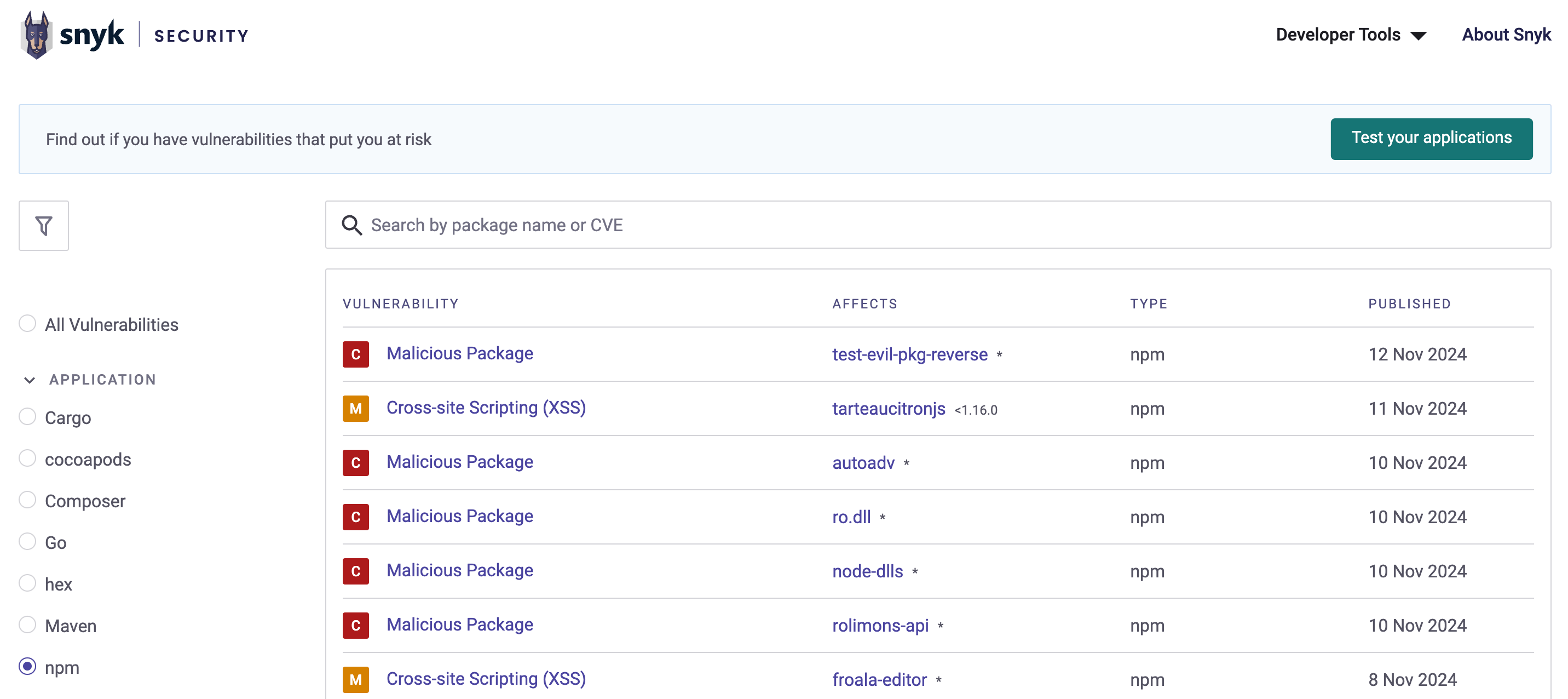 Snyk vulnerability database CVEs for npm vulnerabilities