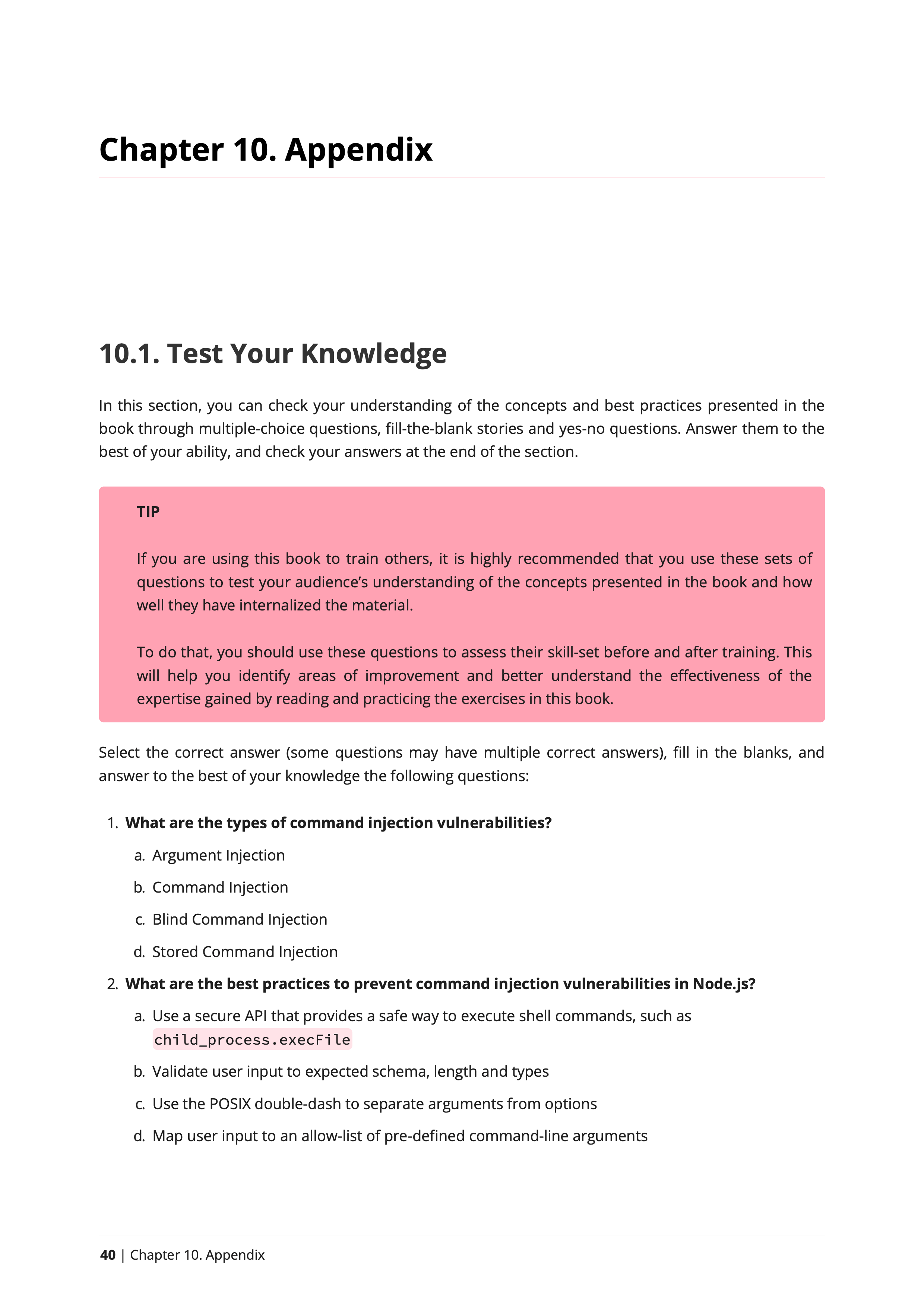 Test your knowledge section in the Command Injection book