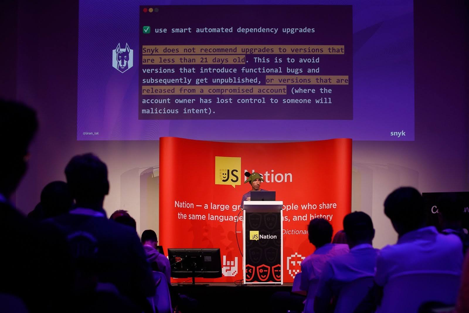 Liran Tal talks about supply chain security and JavaScript security at JSNation 2021