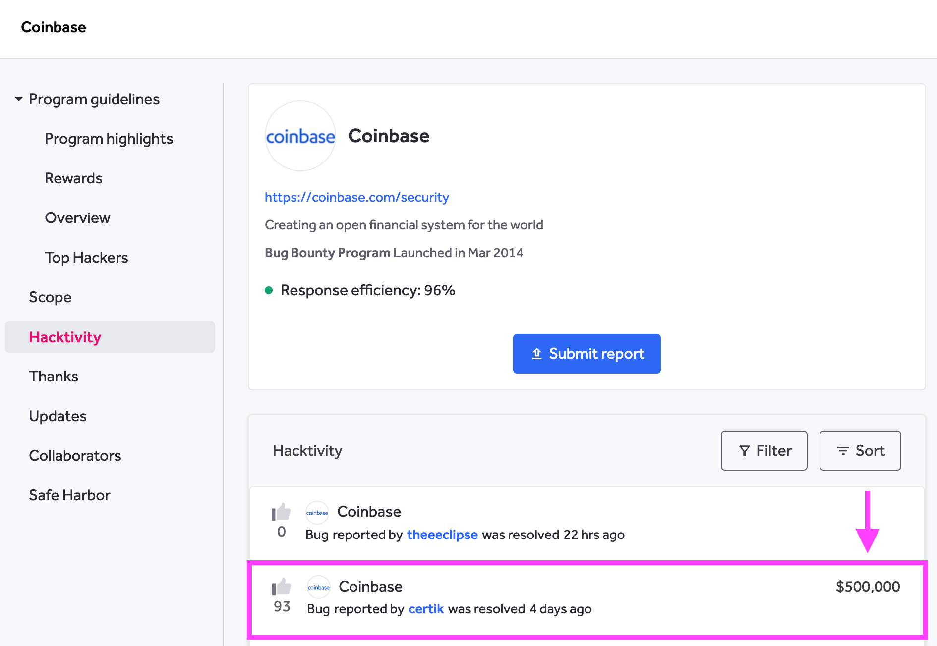 coinbase paid 500,000 USD in their bug bounty program