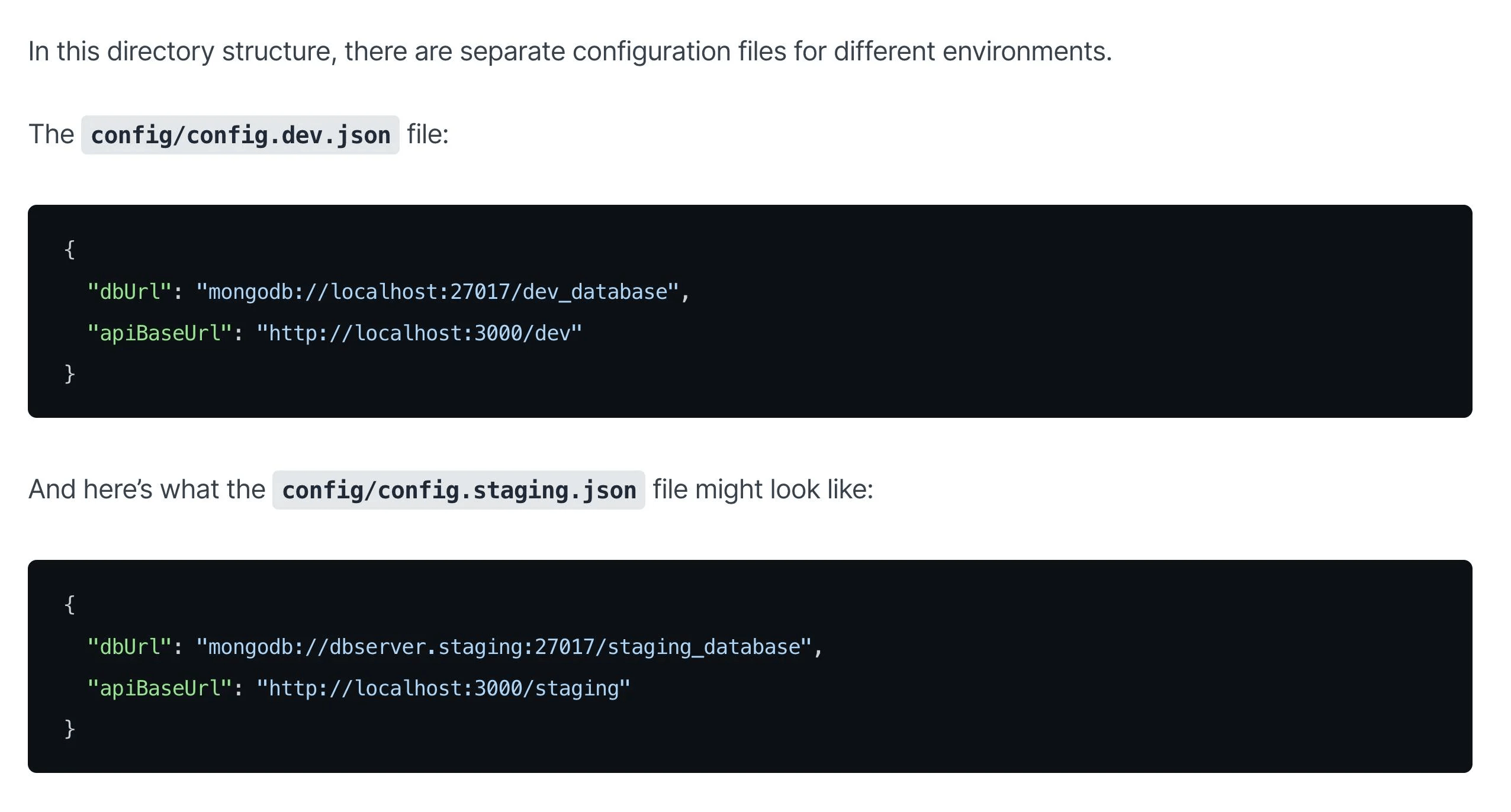 config.dev json example for nodejs