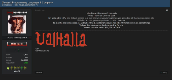 IntelBroker cyber criminal account selling NPM and GitHub access